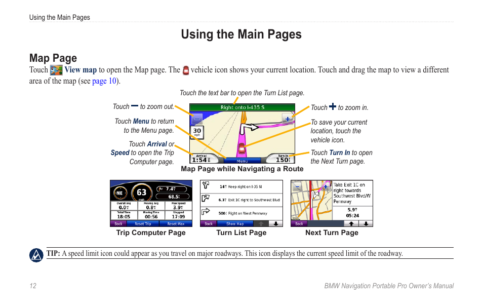 Using the main pages, Map page | BMW Navigation Portable Pro User Manual | Page 18 / 56