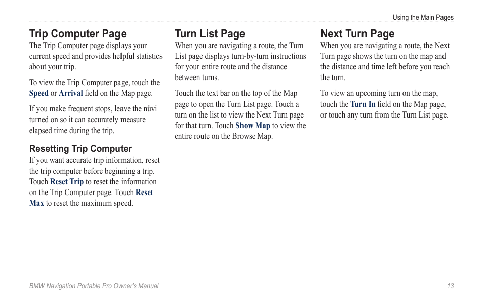 Trip computer page, Turn list page, Next turn page | BMW Navigation Portable Pro User Manual | Page 19 / 56