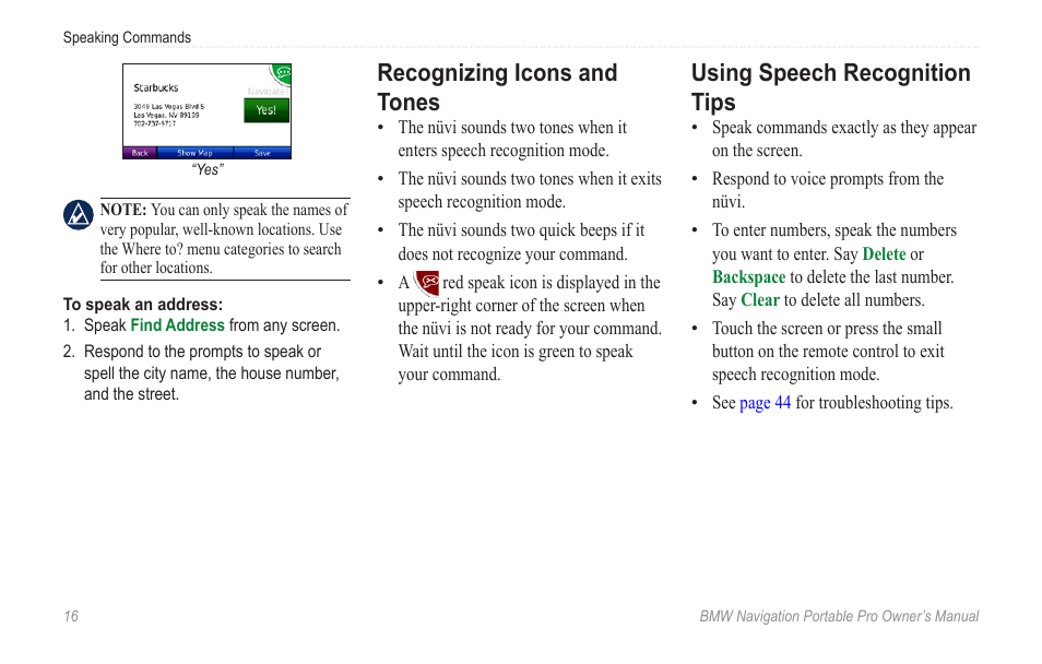 Recognizing icons and tones, Using speech recognition tips | BMW Navigation Portable Pro User Manual | Page 22 / 56