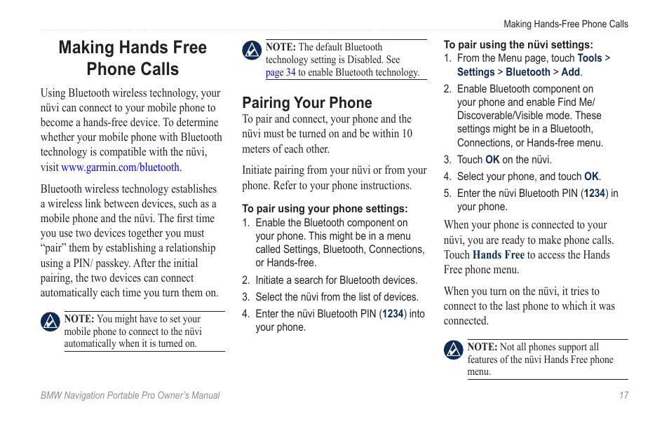 Making hands free phone calls, Pairing your phone, Making hands free | Phone calls | BMW Navigation Portable Pro User Manual | Page 23 / 56