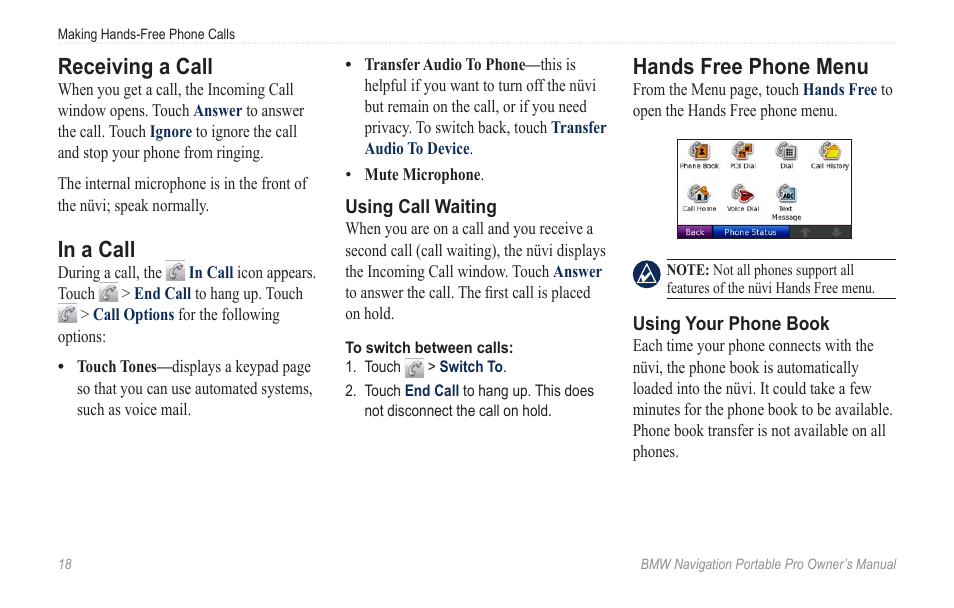 Receiving a call, In a call, Hands free phone menu | BMW Navigation Portable Pro User Manual | Page 24 / 56