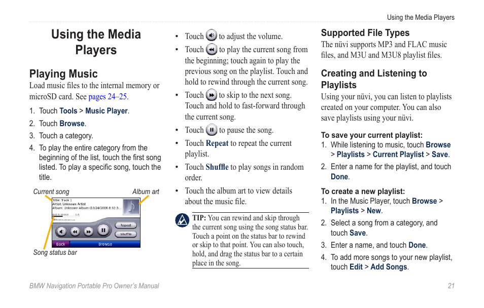 Using the media players, Playing music | BMW Navigation Portable Pro User Manual | Page 27 / 56