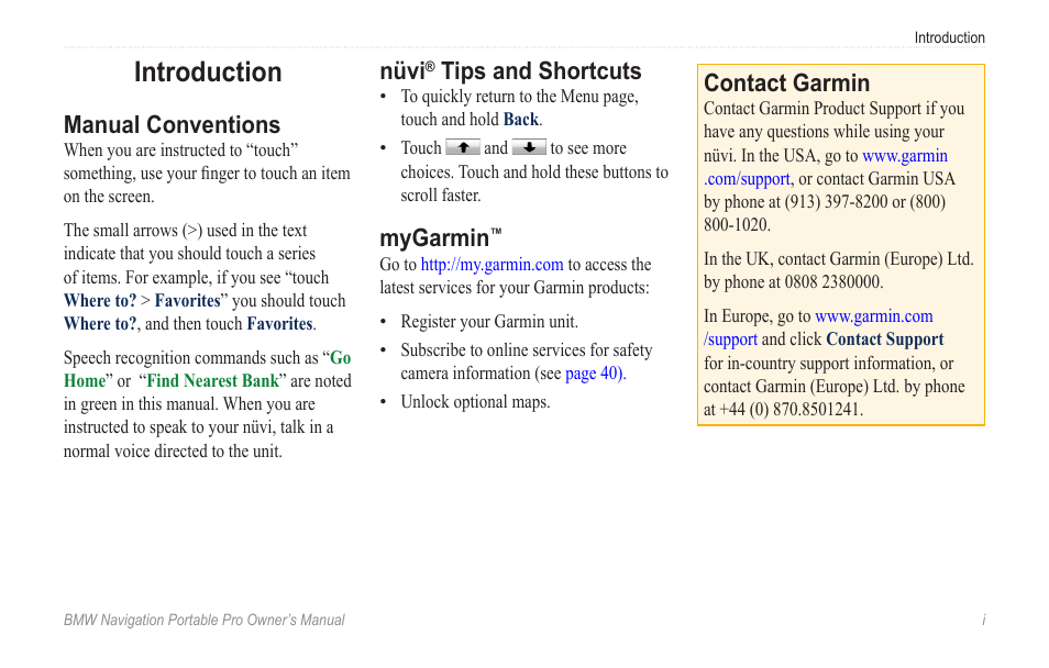 Introduction, Manual conventions, Nüvi® tips and shortcuts | Mygarmin, Contact garmin, Nüvi, Tips and shortcuts | BMW Navigation Portable Pro User Manual | Page 3 / 56