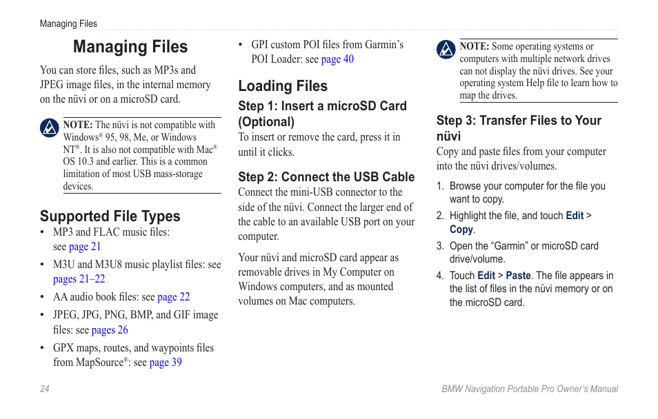 Managing files, Supported file types, Loading files | BMW Navigation Portable Pro User Manual | Page 30 / 56