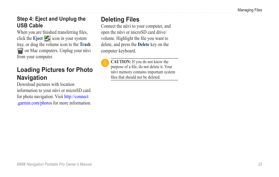 Loading pictures for photo navigation, Deleting files, Loading pictures for photo | Navigation | BMW Navigation Portable Pro User Manual | Page 31 / 56