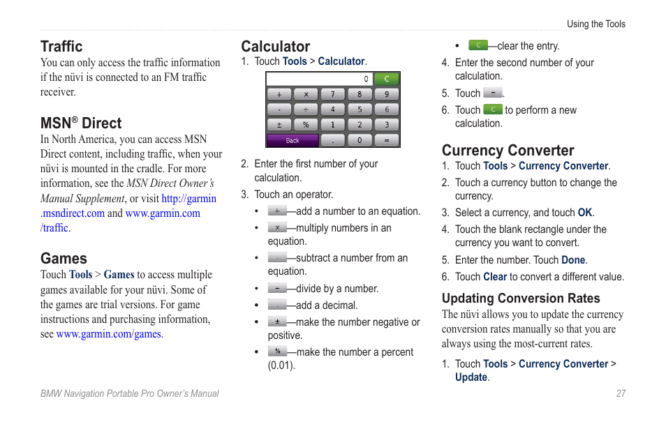 Traffic, Msn® direct, Games | Calculator, Currency converter, Direct | BMW Navigation Portable Pro User Manual | Page 33 / 56