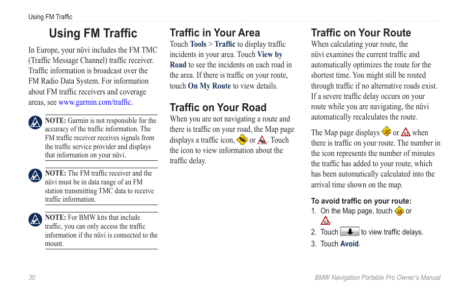 Using fm traffic, Traffic in your area, Traffic on your road | Traffic on your route | BMW Navigation Portable Pro User Manual | Page 36 / 56