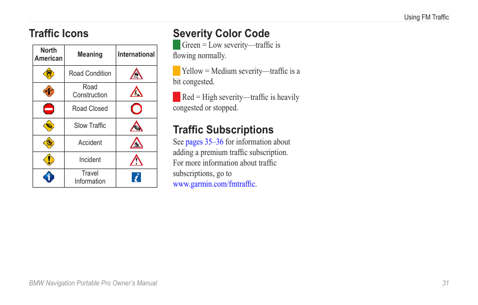 Traffic icons, Severity color code, Traffic subscriptions | BMW Navigation Portable Pro User Manual | Page 37 / 56