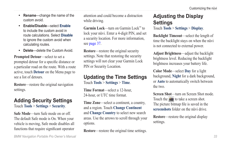 Adding security settings, Updating the time settings, Adjusting the display settings | BMW Navigation Portable Pro User Manual | Page 39 / 56