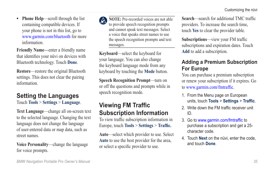 Setting the languages, Viewing fm traffic subscription information, Viewing fm traffic subscription | Information | BMW Navigation Portable Pro User Manual | Page 41 / 56