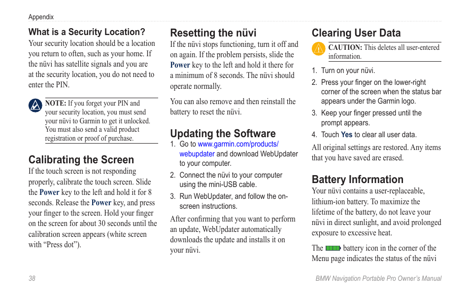 Calibrating the screen, Resetting the nüvi, Updating the software | Clearing user data, Battery information | BMW Navigation Portable Pro User Manual | Page 44 / 56