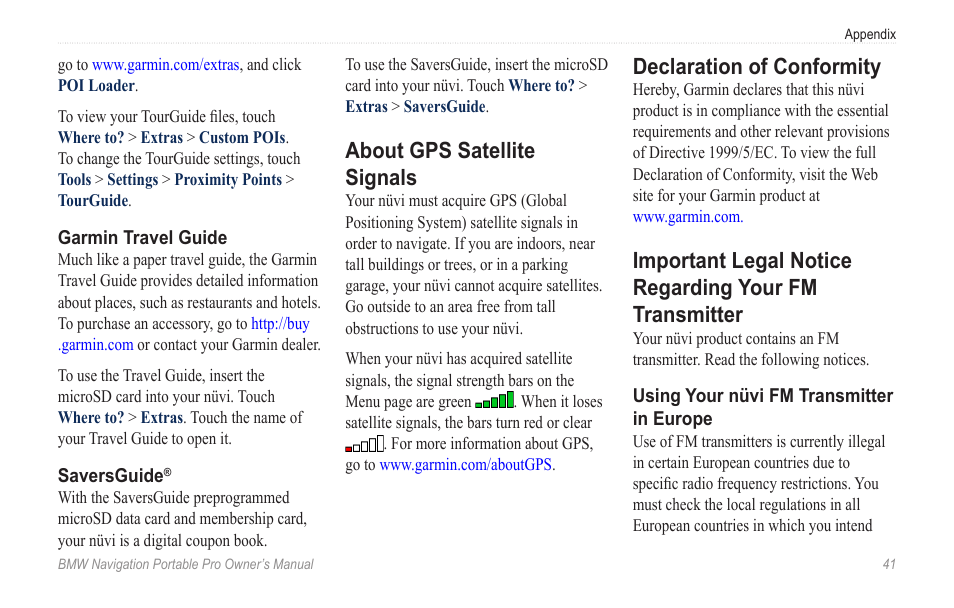 About gps satellite signals, Declaration of conformity, Important legal notice | Regarding your fm, Transmitter | BMW Navigation Portable Pro User Manual | Page 47 / 56