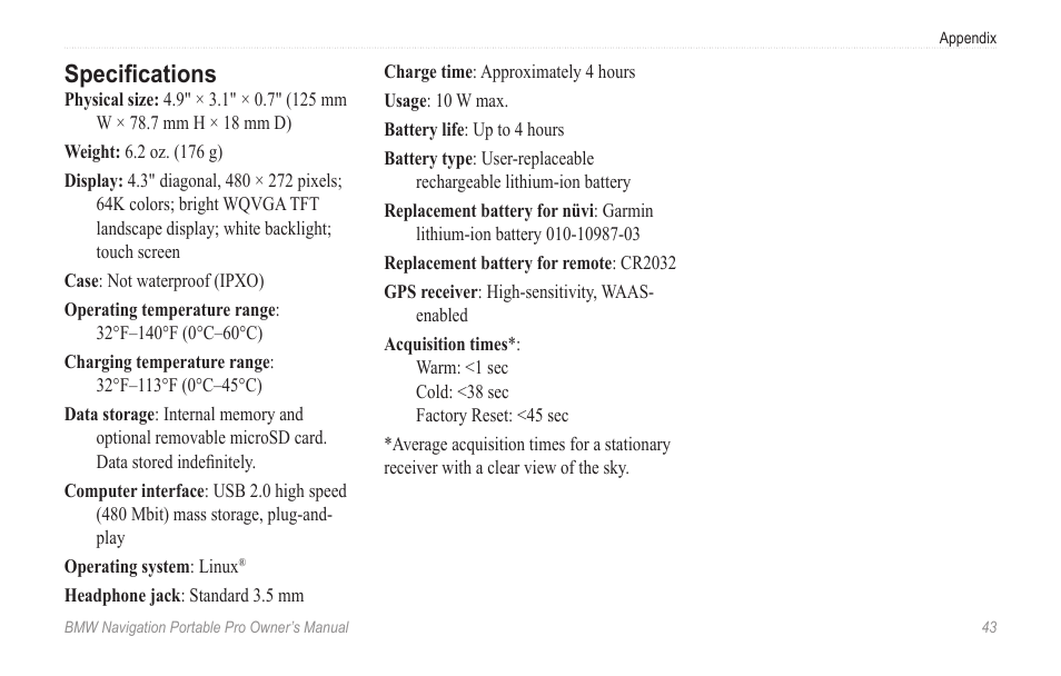 Specifications | BMW Navigation Portable Pro User Manual | Page 49 / 56