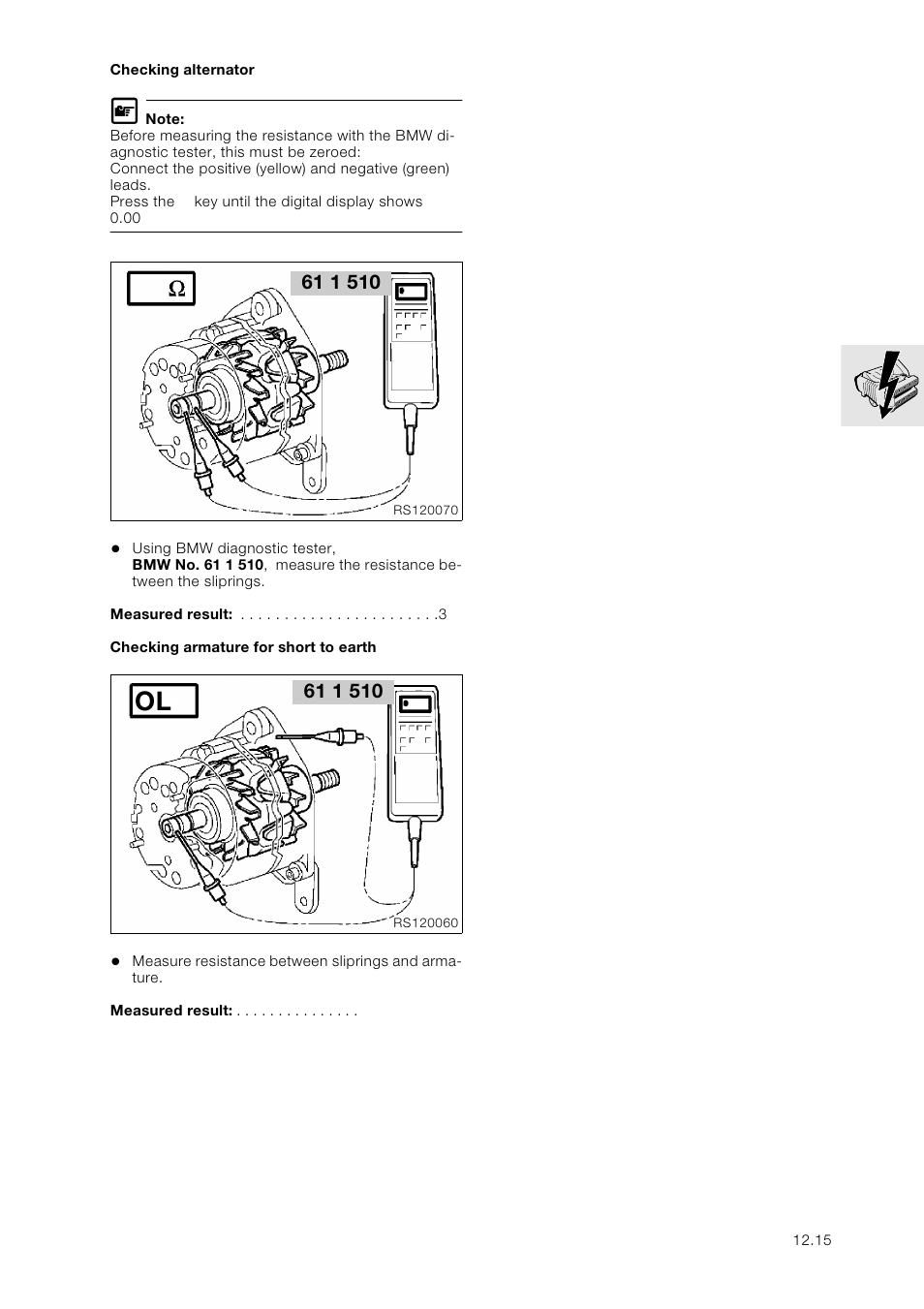 Checking alternator, Checking armature for short to earth | BMW K 1100 LT/RS User Manual | Page 101 / 364