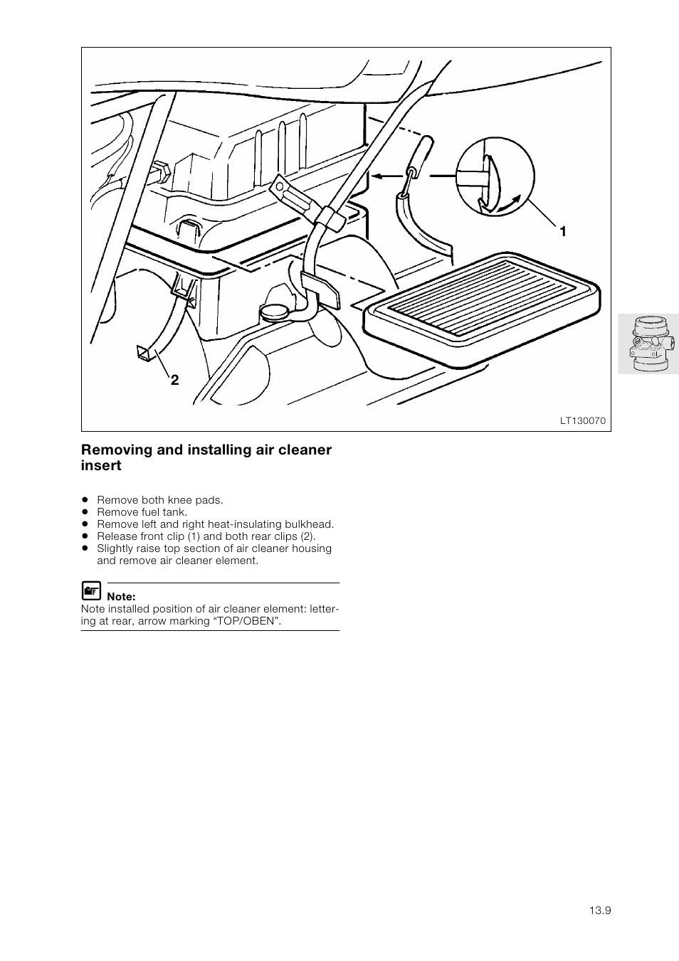 Removing and installing air cleaner insert | BMW K 1100 LT/RS User Manual | Page 127 / 364