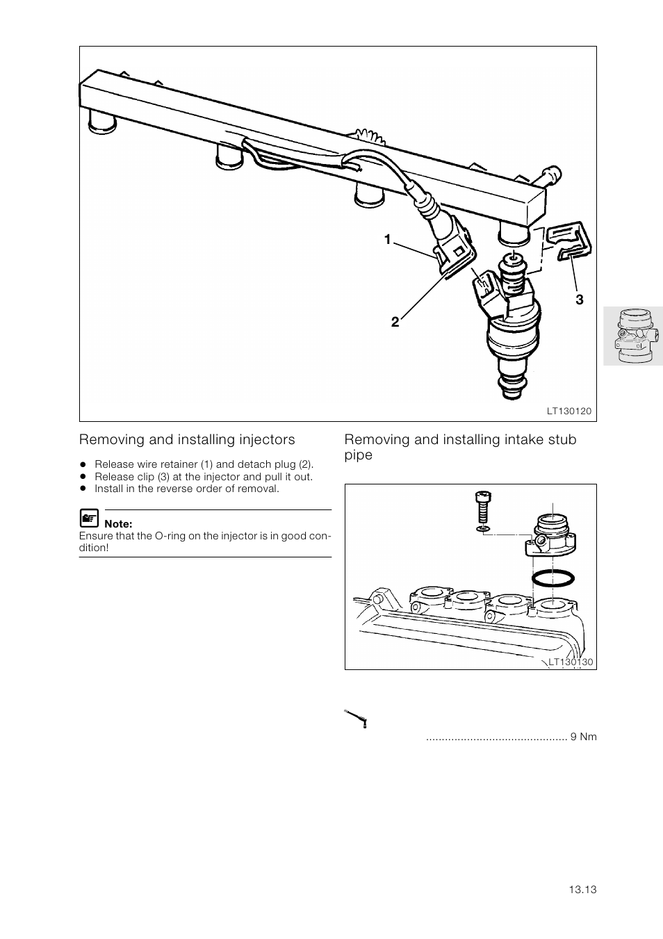 Removing and installing injectors, Removing and installing intake stub pipe | BMW K 1100 LT/RS User Manual | Page 131 / 364