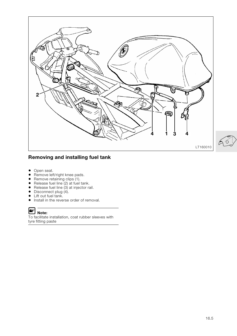 Removing and installing fuel tank | BMW K 1100 LT/RS User Manual | Page 137 / 364