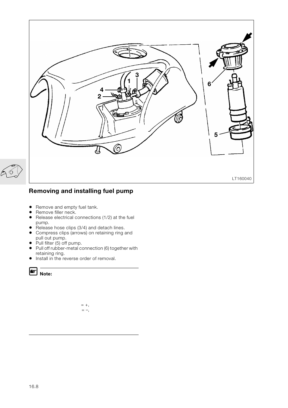 Removing and installing fuel pump | BMW K 1100 LT/RS User Manual | Page 140 / 364