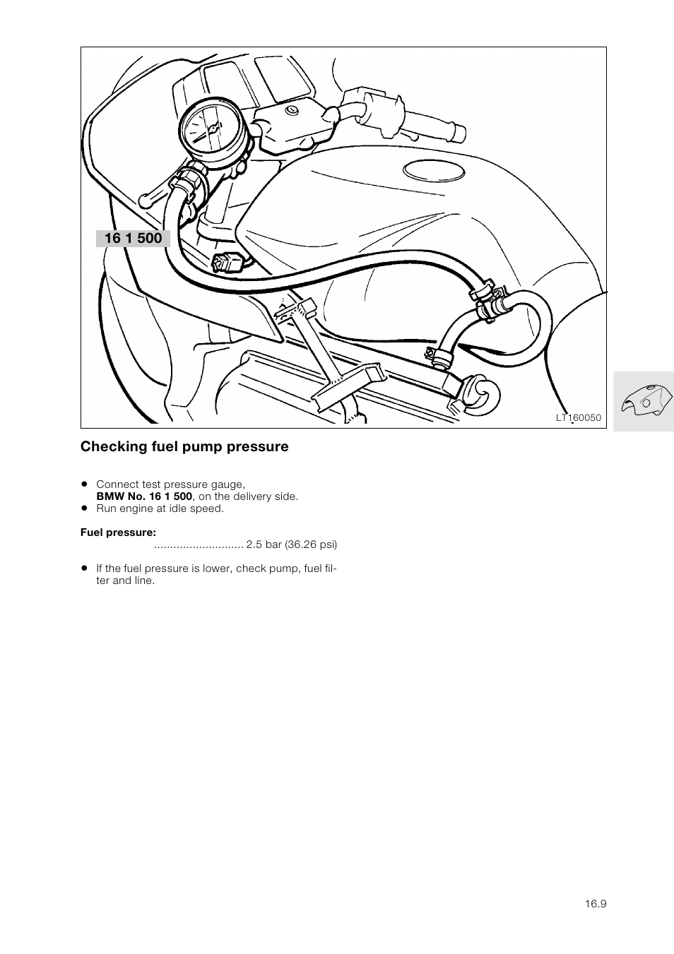 Checking fuel pump pressure | BMW K 1100 LT/RS User Manual | Page 141 / 364