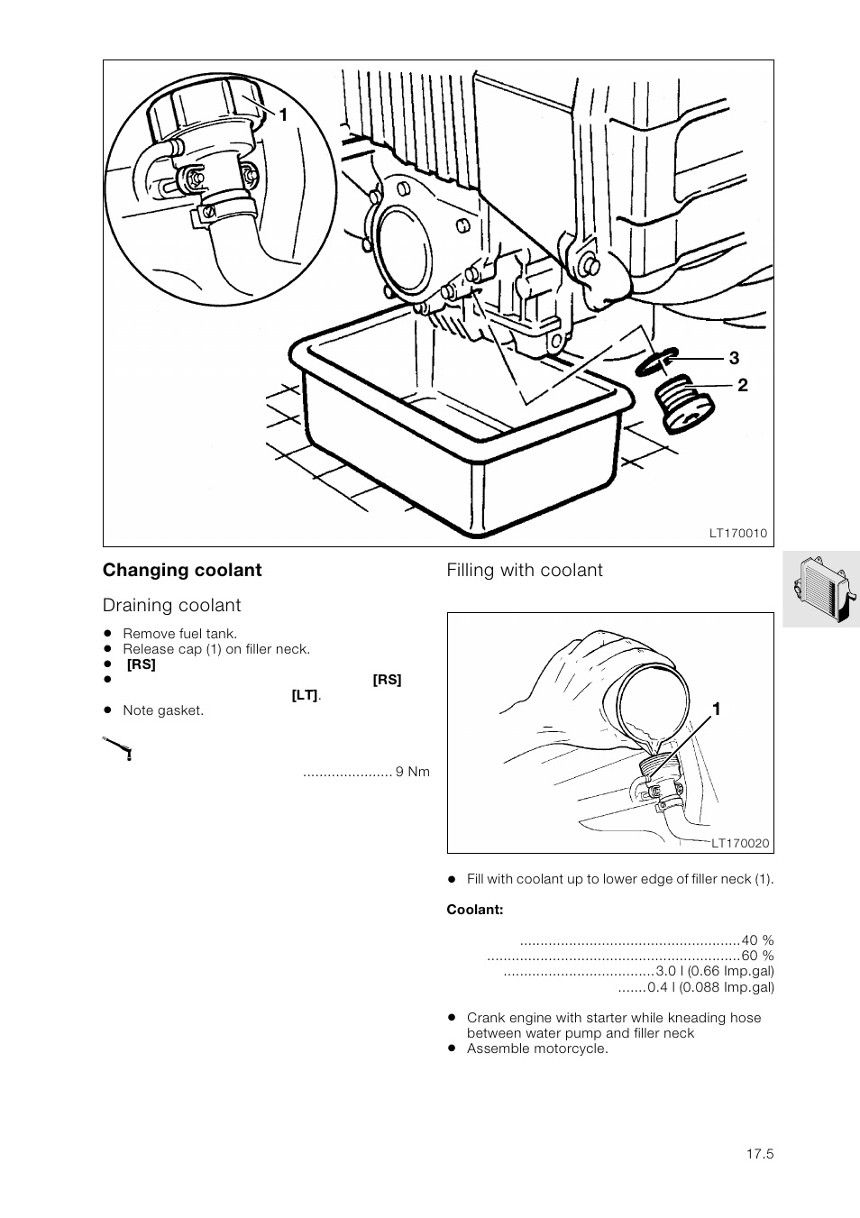 Changing coolant, Draining coolant, Filling with coolant | BMW K 1100 LT/RS User Manual | Page 147 / 364