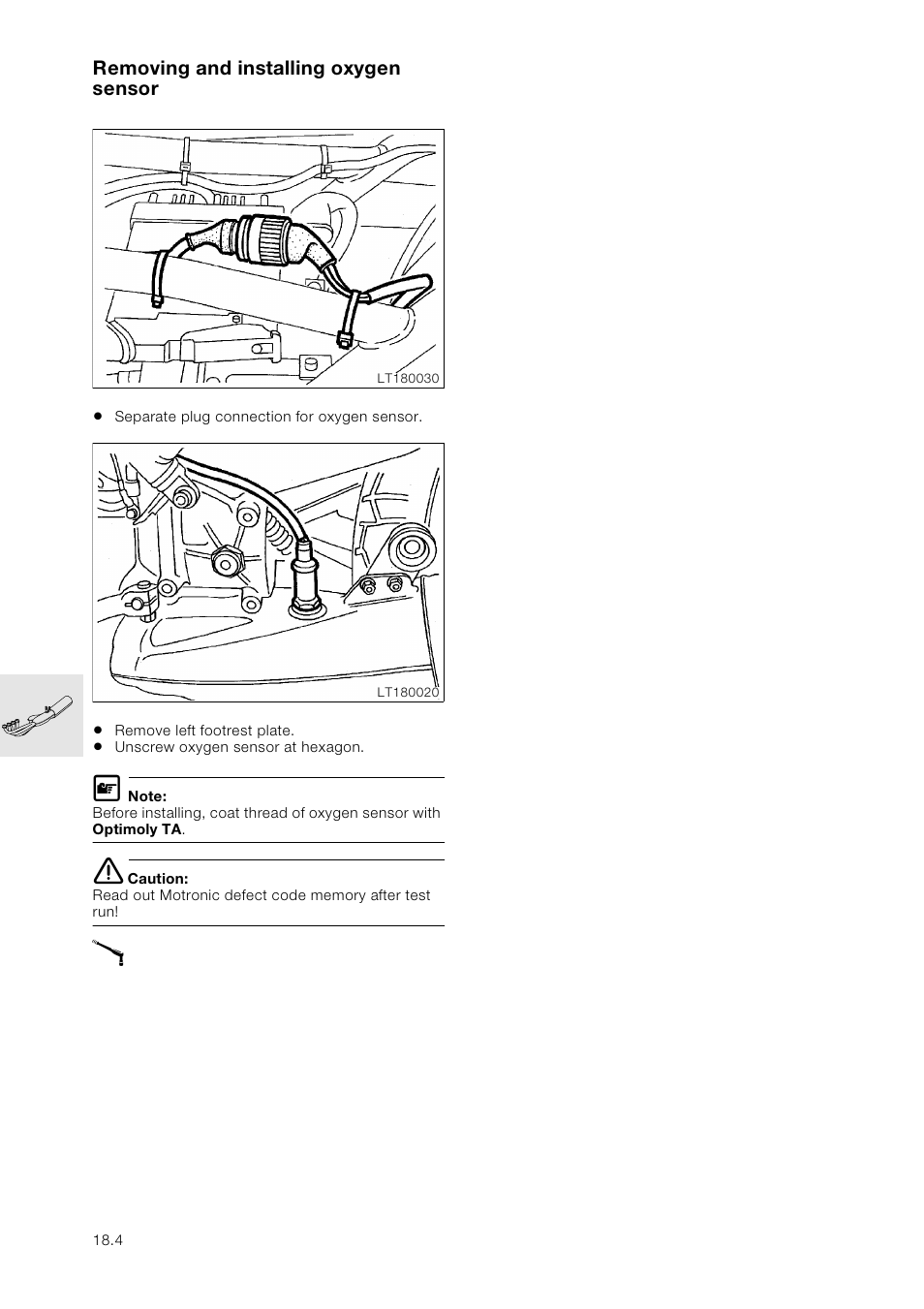 Removing and installing oxygen sensor | BMW K 1100 LT/RS User Manual | Page 158 / 364