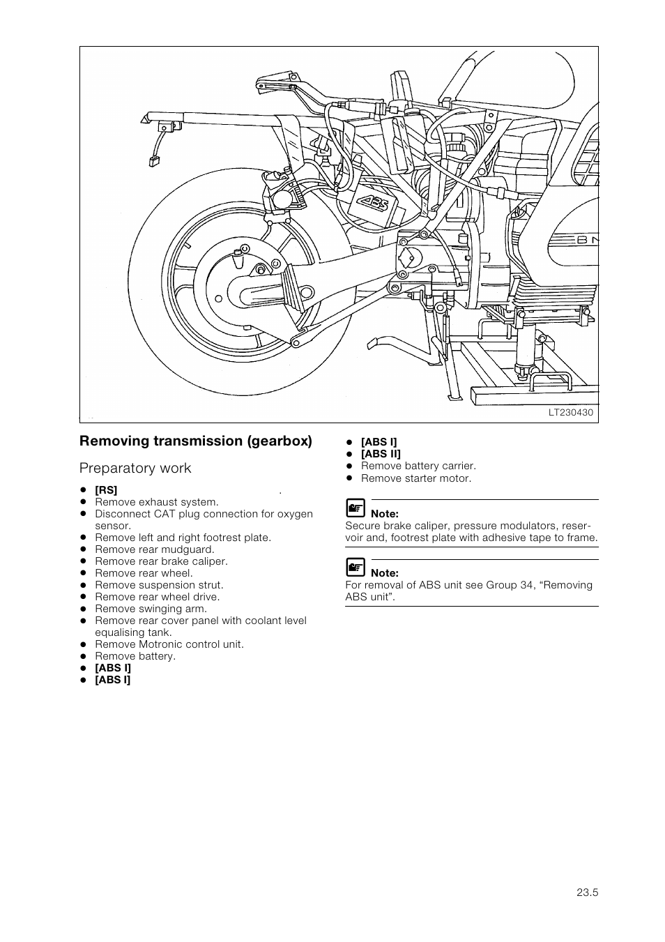 Removing transmission (gearbox), Preparatory work | BMW K 1100 LT/RS User Manual | Page 179 / 364