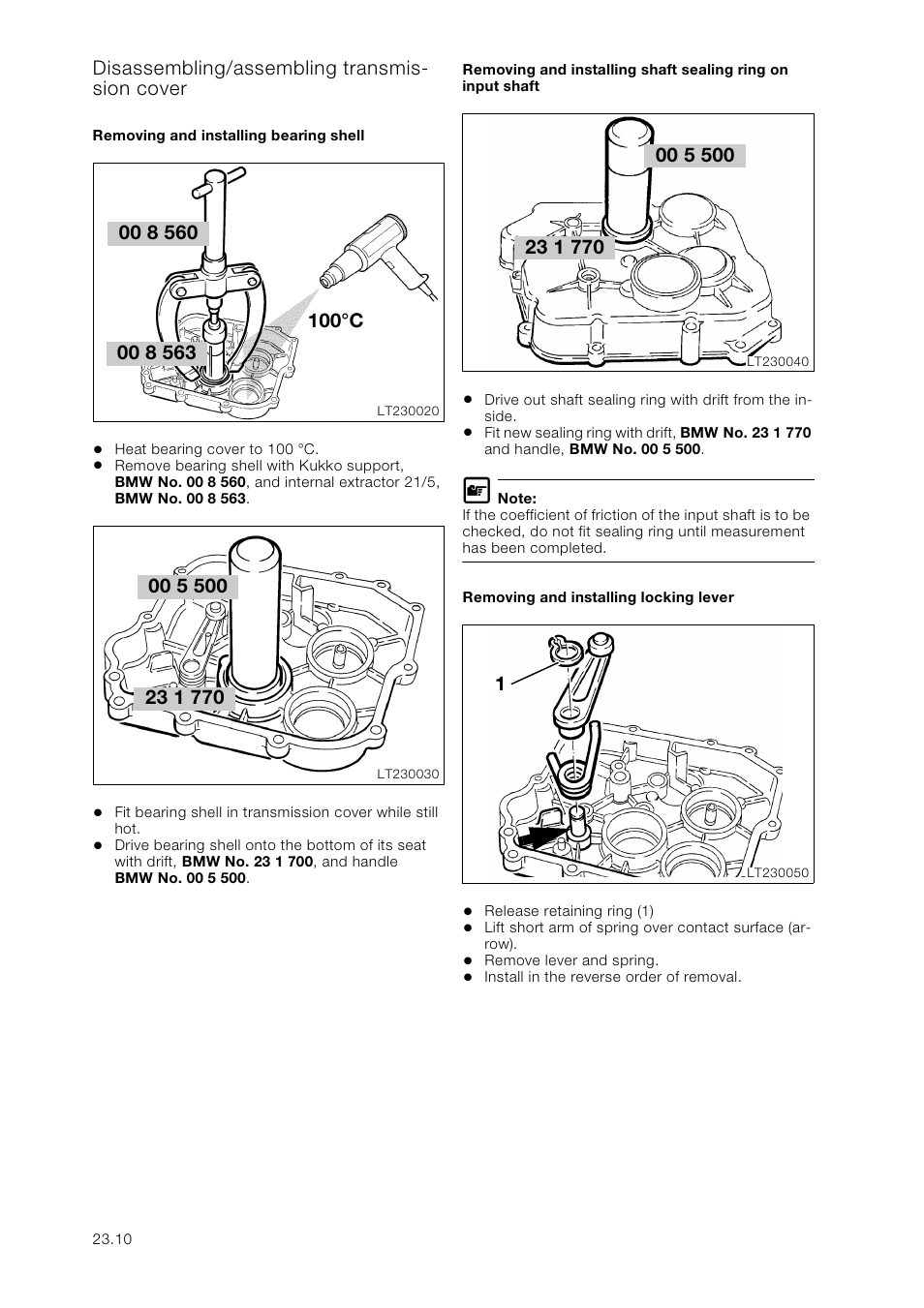 Disassembling/assembling transmission cover, Removing and installing bearing shell, Removing and installing shaft sealing ring on inpu | Removing and installing locking lever | BMW K 1100 LT/RS User Manual | Page 184 / 364