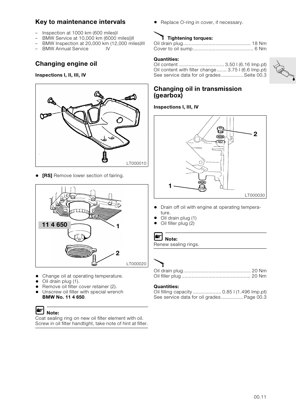 Key to maintenance intervals, Changing engine oil, Inspections i, ii, iii, iv | Changing oil in transmission (gearbox), Inspections i, iii, iv, Changing oil in transmission (gearbox) | BMW K 1100 LT/RS User Manual | Page 19 / 364