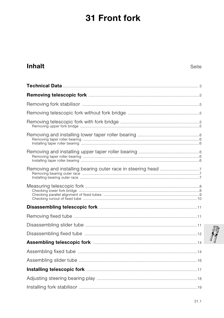 31 front fork, Inhalt | BMW K 1100 LT/RS User Manual | Page 203 / 364