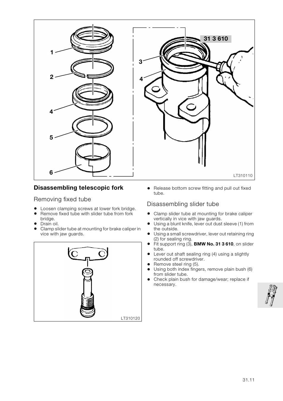 Disassembling telescopic fork, Removing fixed tube, Disassembling slider tube | BMW K 1100 LT/RS User Manual | Page 213 / 364