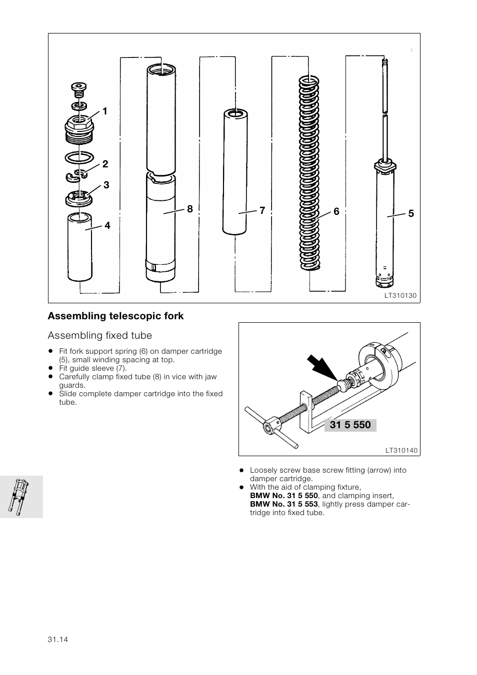 Assembling telescopic fork, Assembling fixed tube | BMW K 1100 LT/RS User Manual | Page 216 / 364