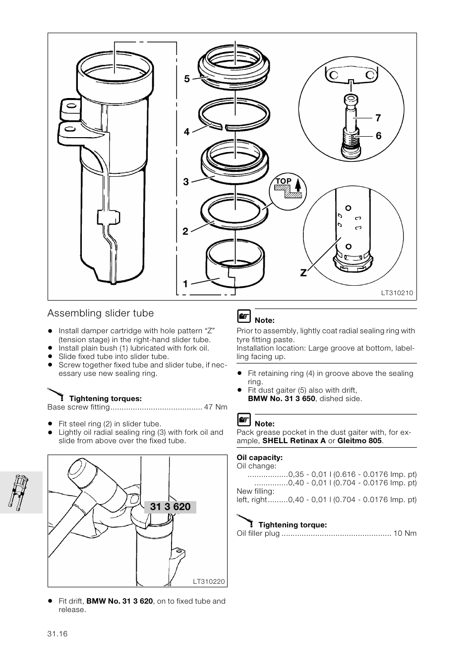 Assembling slider tube | BMW K 1100 LT/RS User Manual | Page 218 / 364