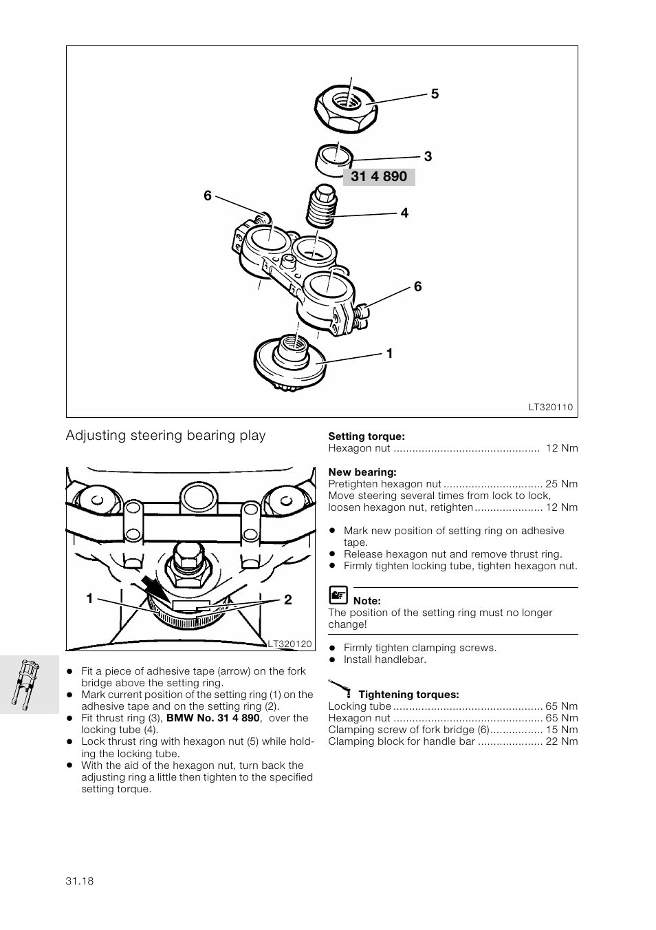 Adjusting steering bearing play | BMW K 1100 LT/RS User Manual | Page 220 / 364