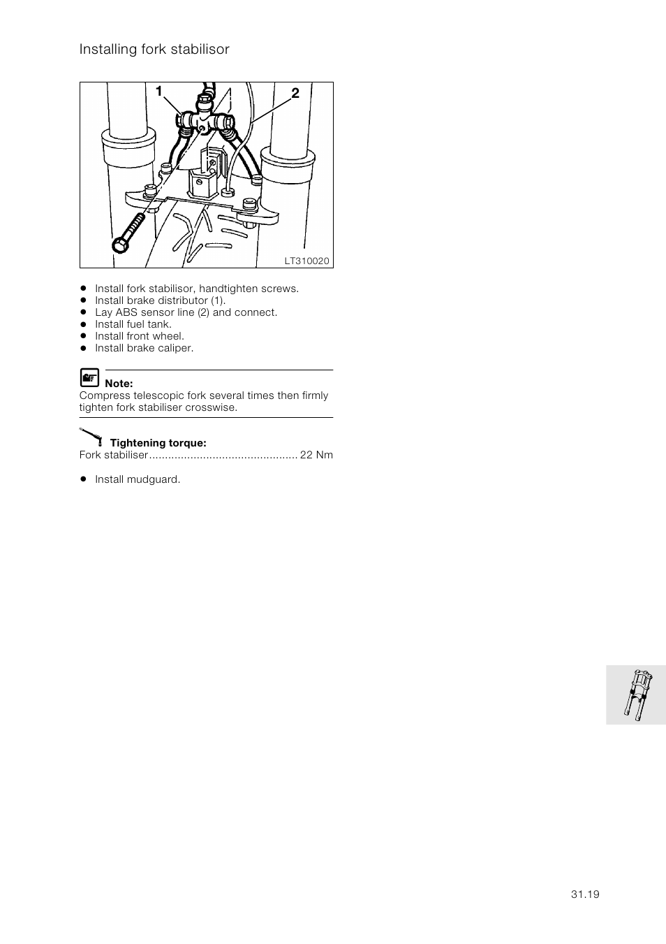 Installing fork stabilisor | BMW K 1100 LT/RS User Manual | Page 221 / 364