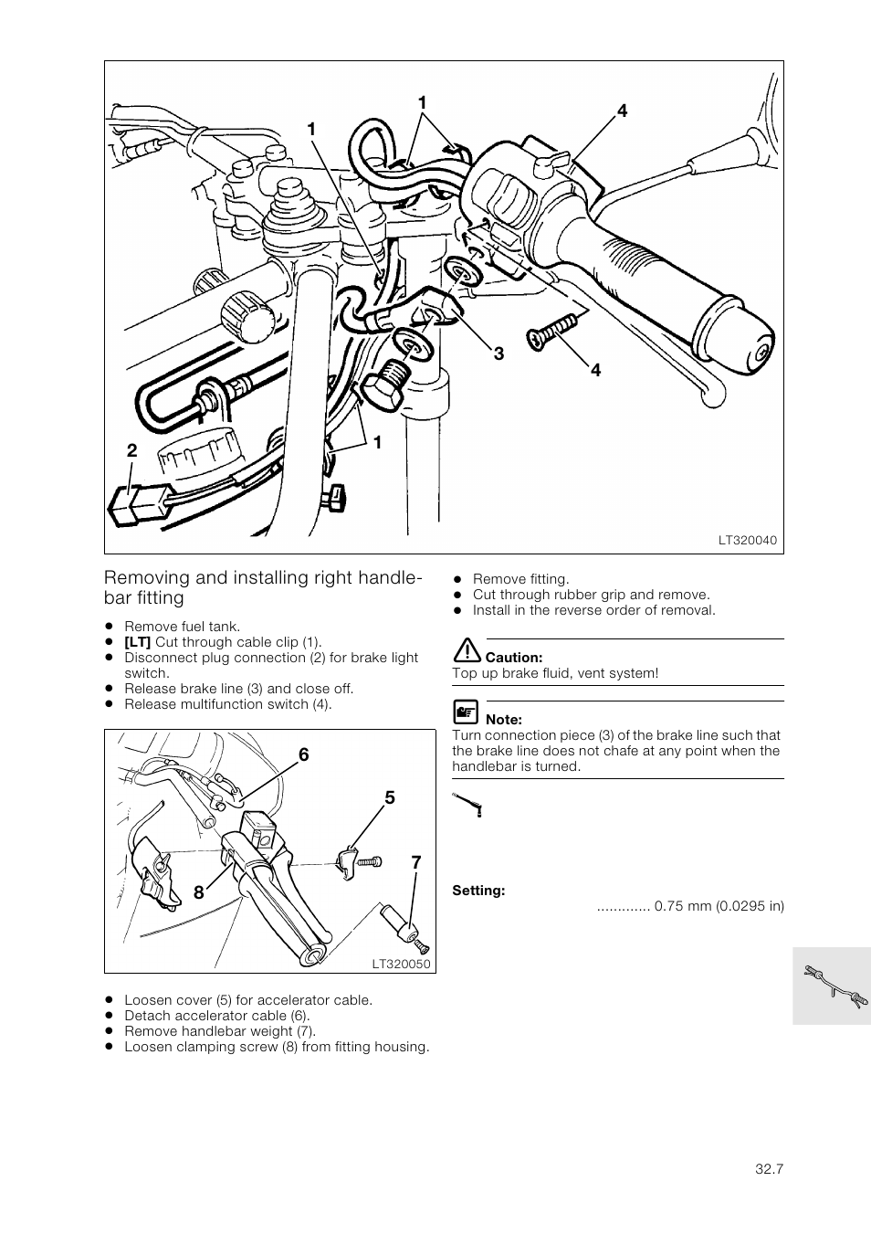 Removing and installing right handlebar fitting | BMW K 1100 LT/RS User Manual | Page 229 / 364