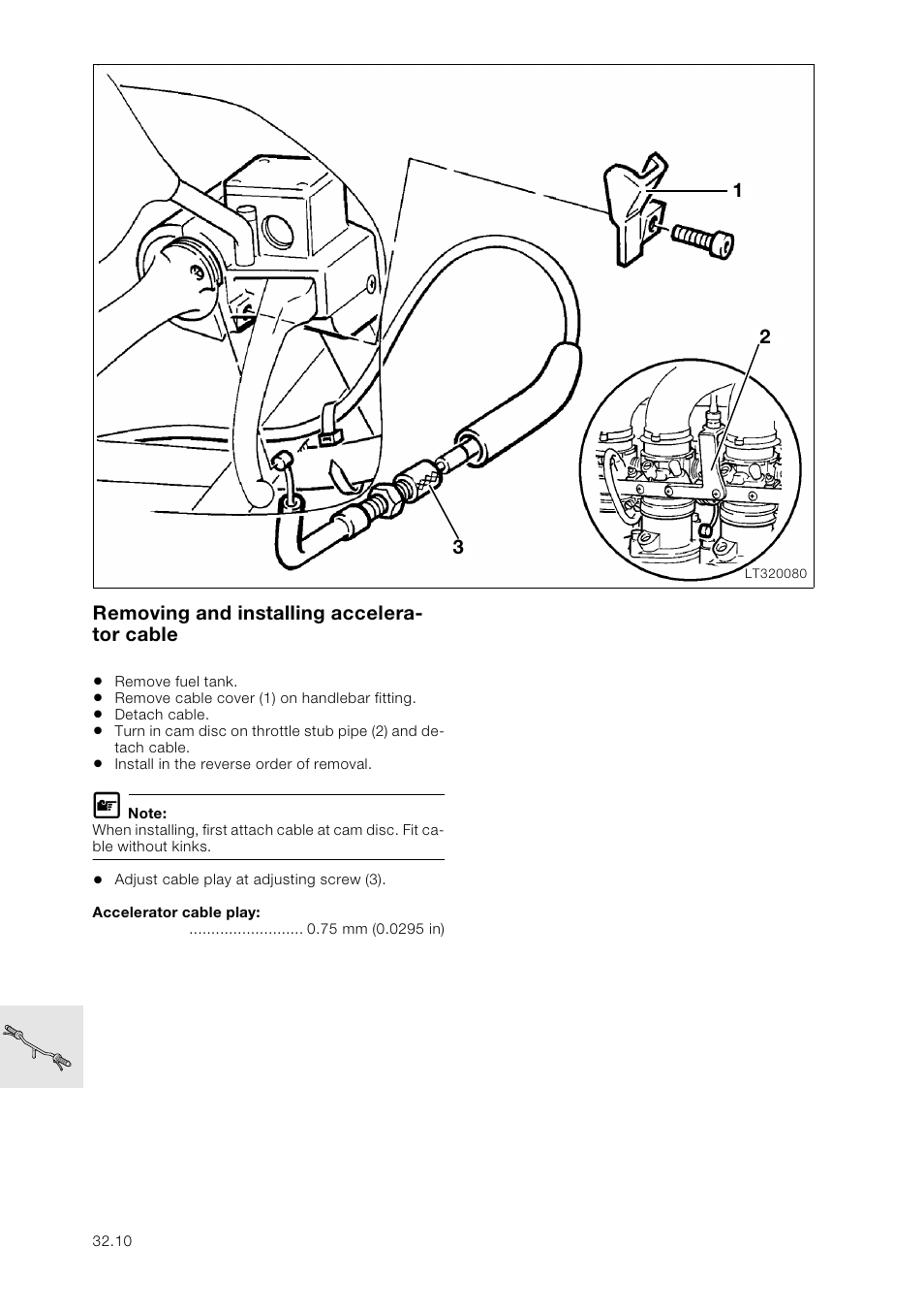 Removing and installing accelerator cable | BMW K 1100 LT/RS User Manual | Page 232 / 364