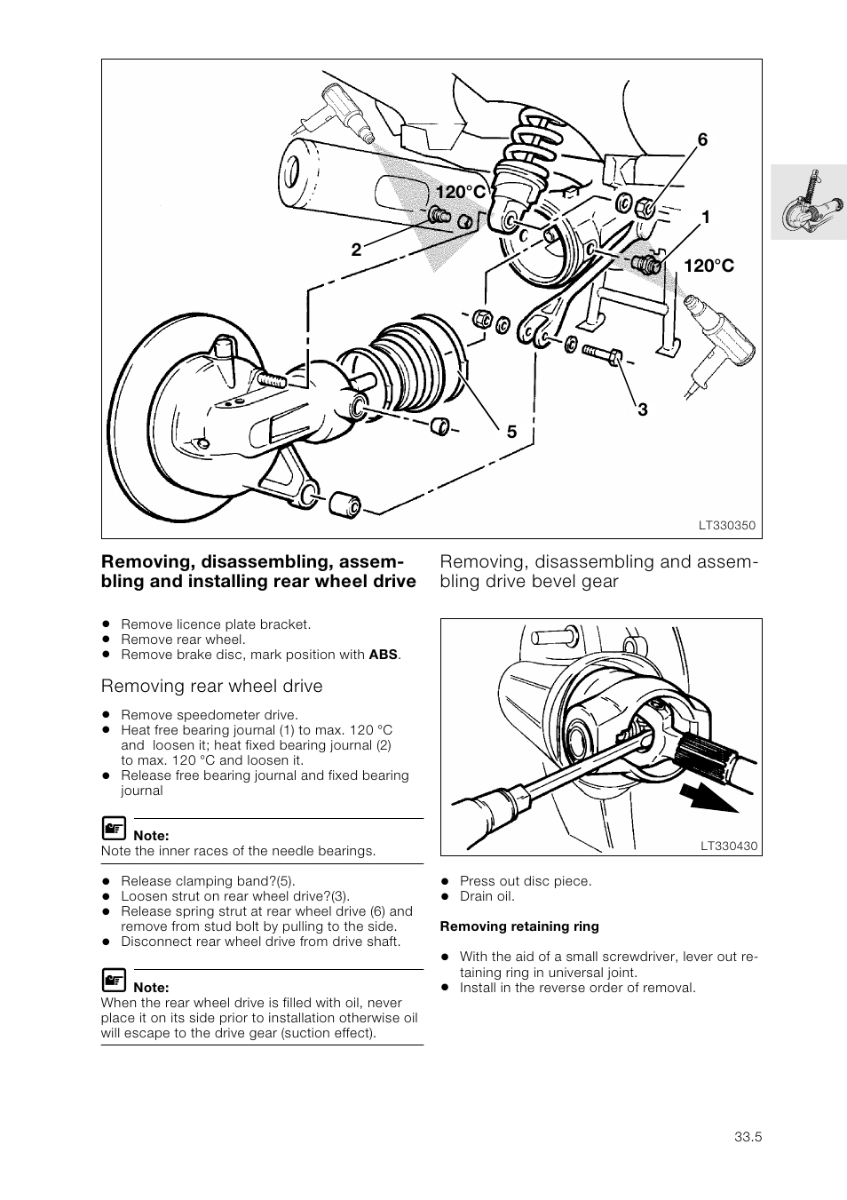 Removing, disassembling, assembling and installing, Removing rear wheel drive, Removing, disassembling and assembling drive bevel | Removing retaining ring | BMW K 1100 LT/RS User Manual | Page 241 / 364