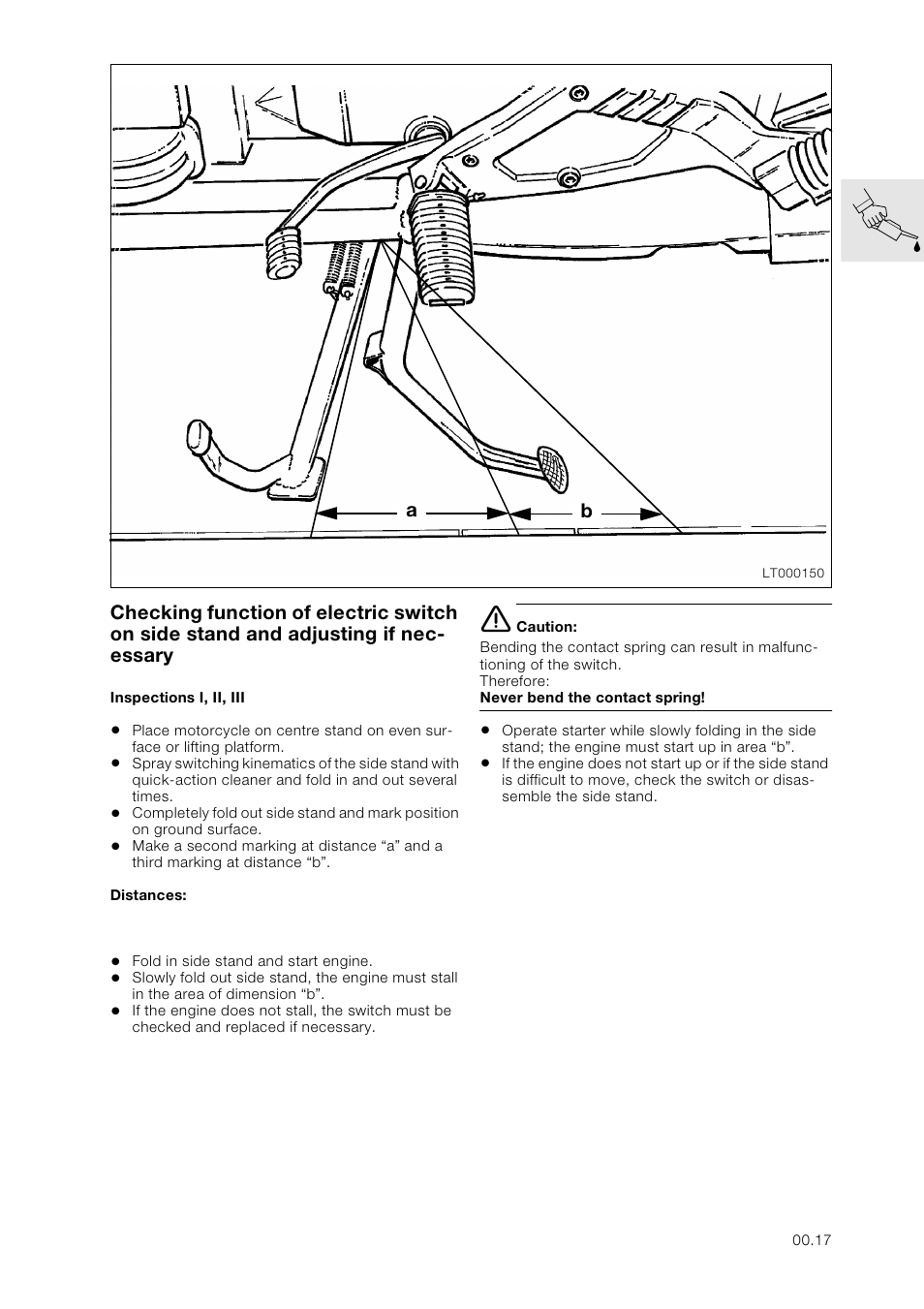 Checking function of electric switch on side stand, Inspections i, ii, iii | BMW K 1100 LT/RS User Manual | Page 25 / 364