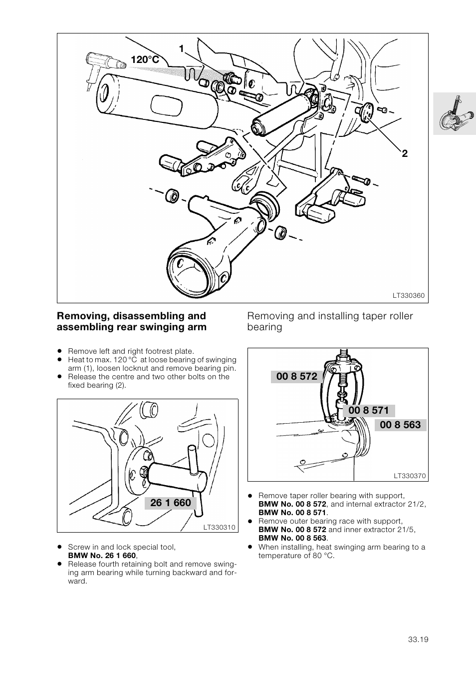 Removing, disassembling and assembling rear swingi, Removing and installing taper roller bearing | BMW K 1100 LT/RS User Manual | Page 255 / 364