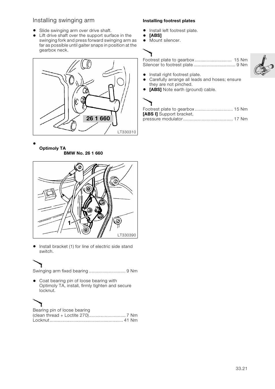 Installing swinging arm, Installing footrest plates | BMW K 1100 LT/RS User Manual | Page 257 / 364