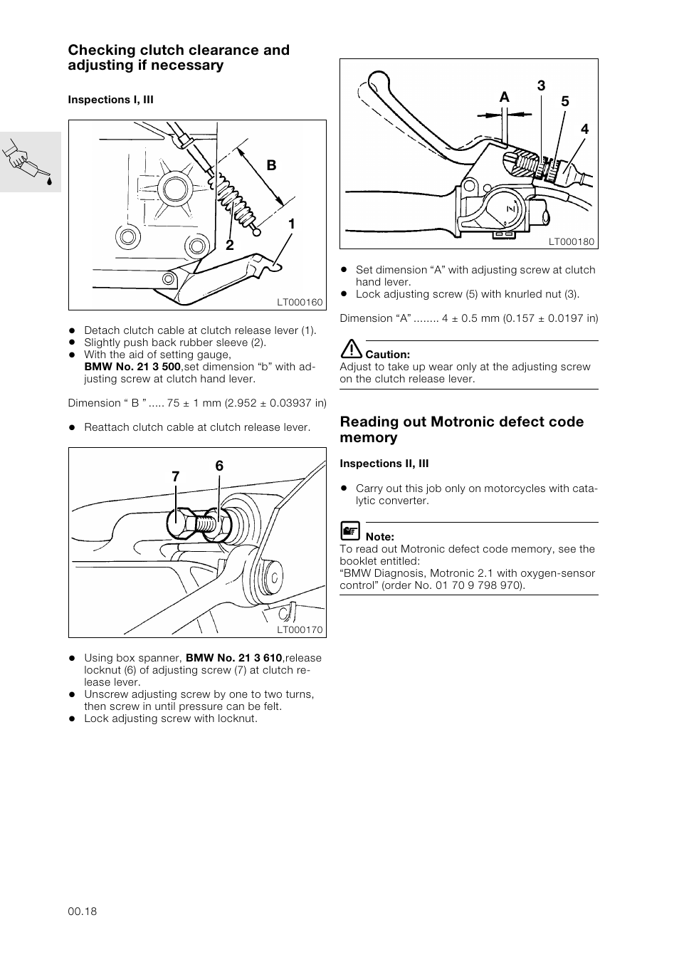 Checking clutch clearance and adjusting if necessa, Inspections i, iii, Reading out motronic defect code memory | Inspections ii, iii | BMW K 1100 LT/RS User Manual | Page 26 / 364