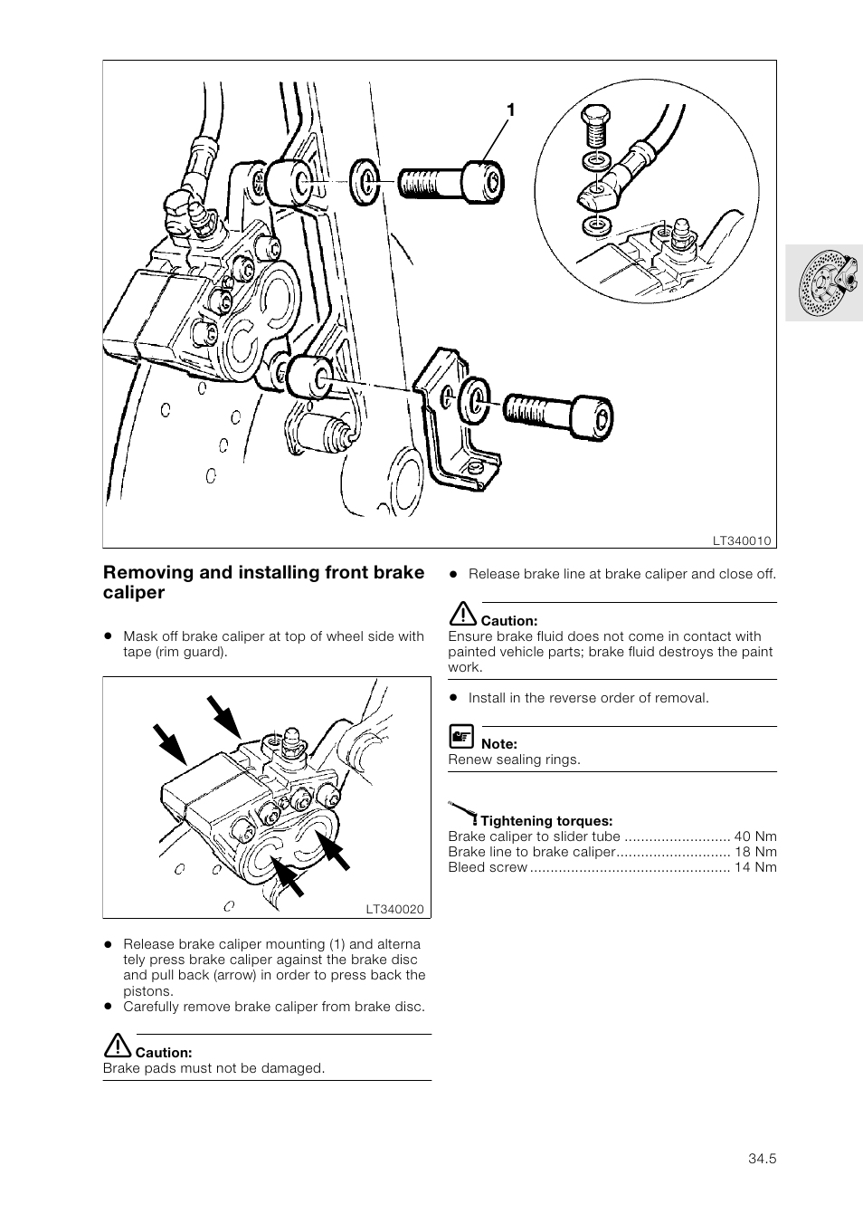 Removing and installing front brake caliper | BMW K 1100 LT/RS User Manual | Page 263 / 364