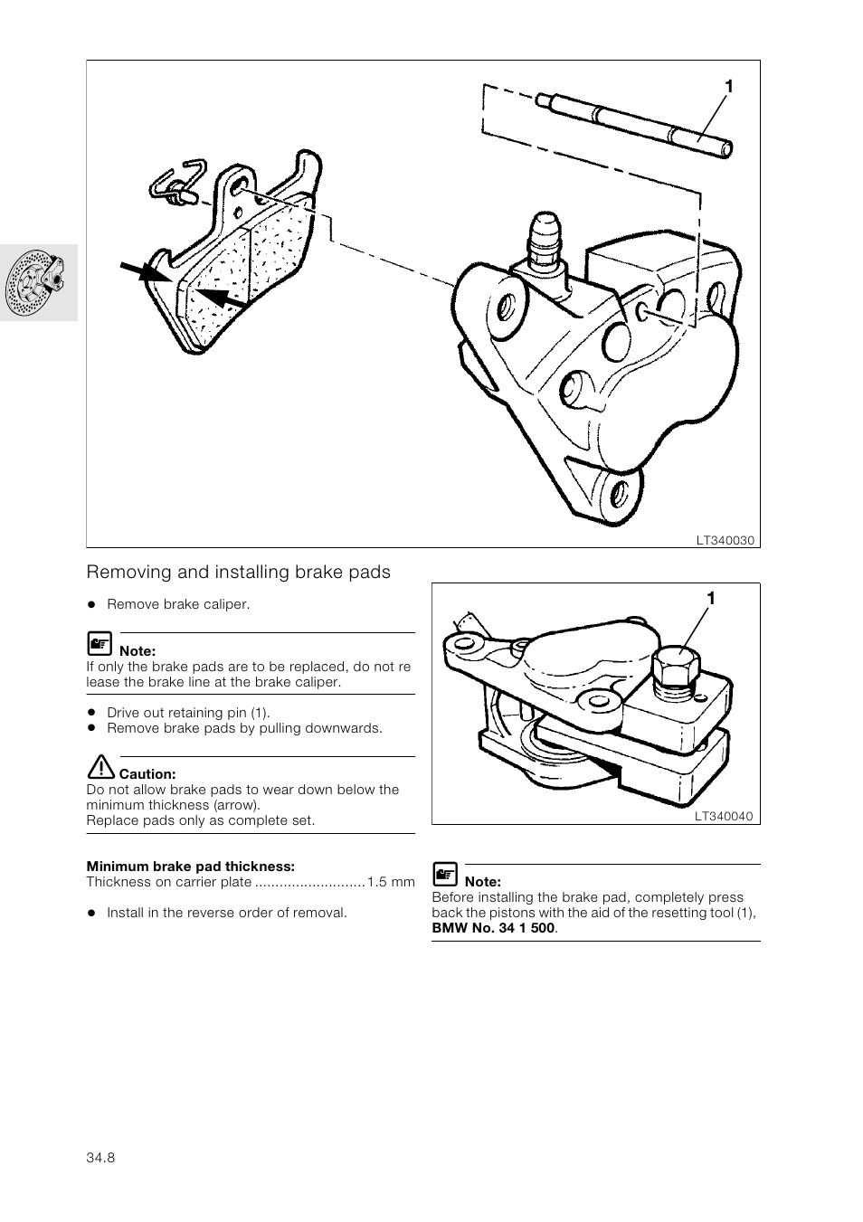 Removing and installing brake pads | BMW K 1100 LT/RS User Manual | Page 266 / 364