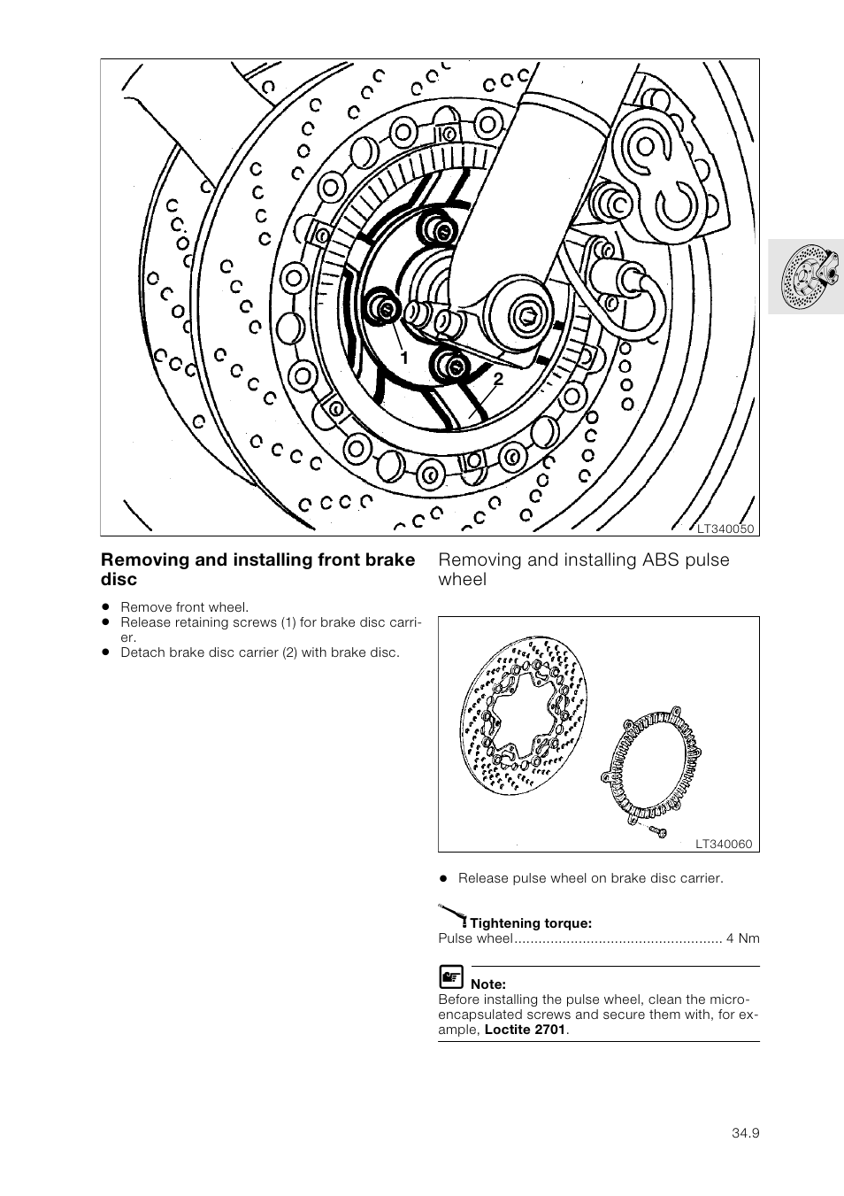 Removing and installing front brake disc, Removing and installing abs pulse wheel | BMW K 1100 LT/RS User Manual | Page 267 / 364