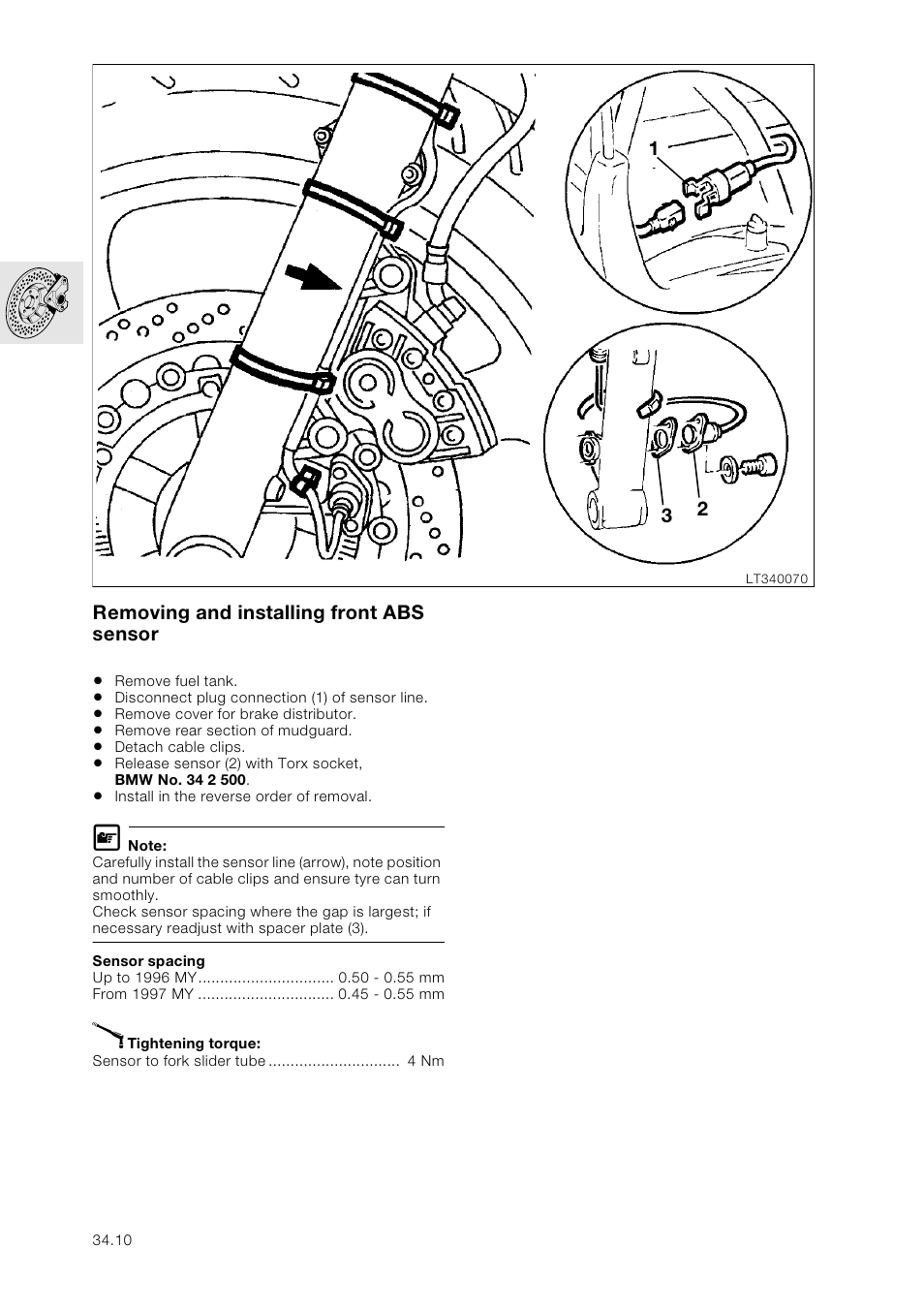 Removing and installing front abs sensor | BMW K 1100 LT/RS User Manual | Page 268 / 364