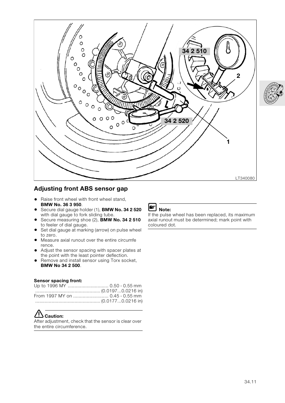 Adjusting front abs sensor gap | BMW K 1100 LT/RS User Manual | Page 269 / 364