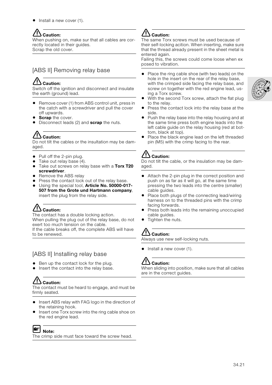 Abs ii] removing relay base, Abs ii] installing relay base | BMW K 1100 LT/RS User Manual | Page 279 / 364