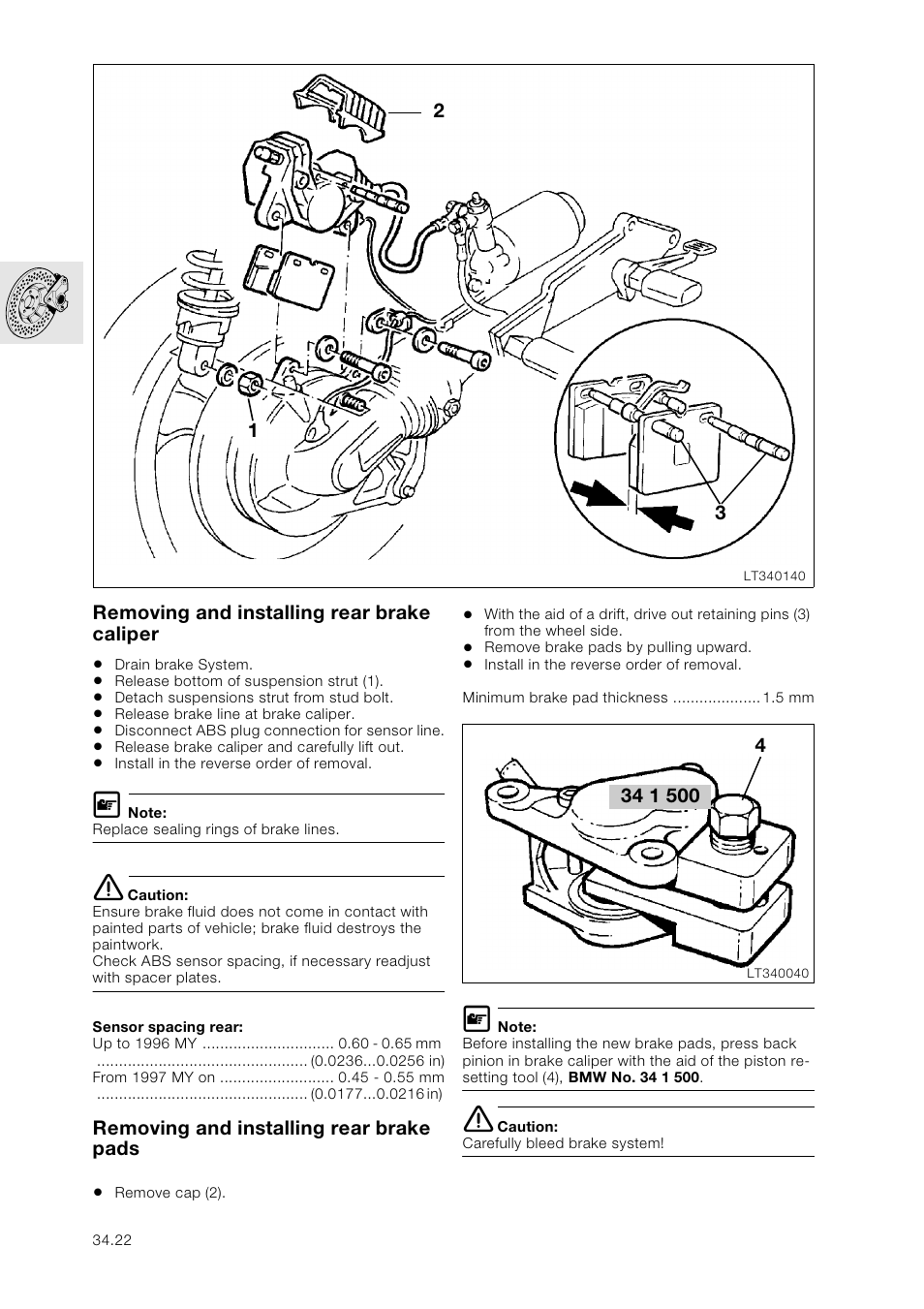 Removing and installing rear brake caliper, Removing and installing rear brake pads | BMW K 1100 LT/RS User Manual | Page 280 / 364