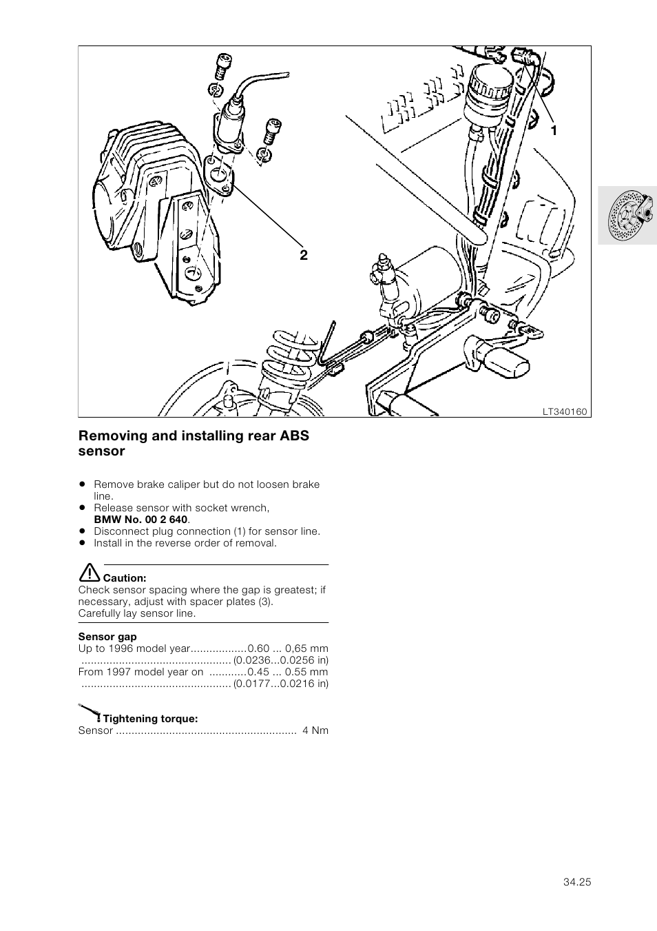 Removing and installing rear abs sensor | BMW K 1100 LT/RS User Manual | Page 283 / 364