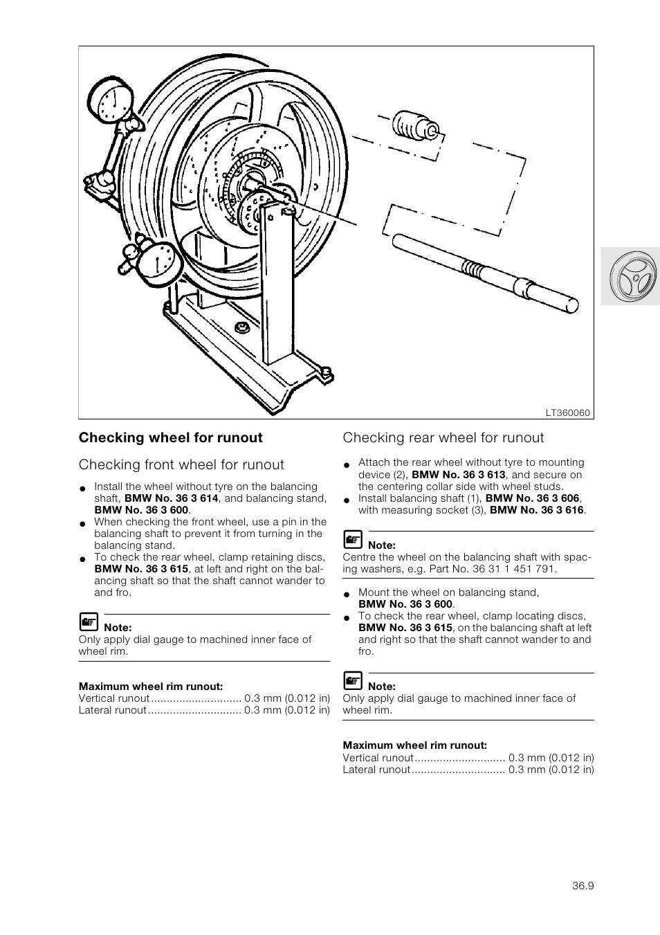 Checking wheel for runout, Checking front wheel for runout, Checking rear wheel for runout | BMW K 1100 LT/RS User Manual | Page 301 / 364